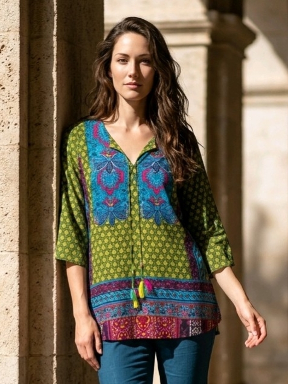Ananda's Collection Green Printed Tunic Top Blue/Pink Paisley Chest Pattern M